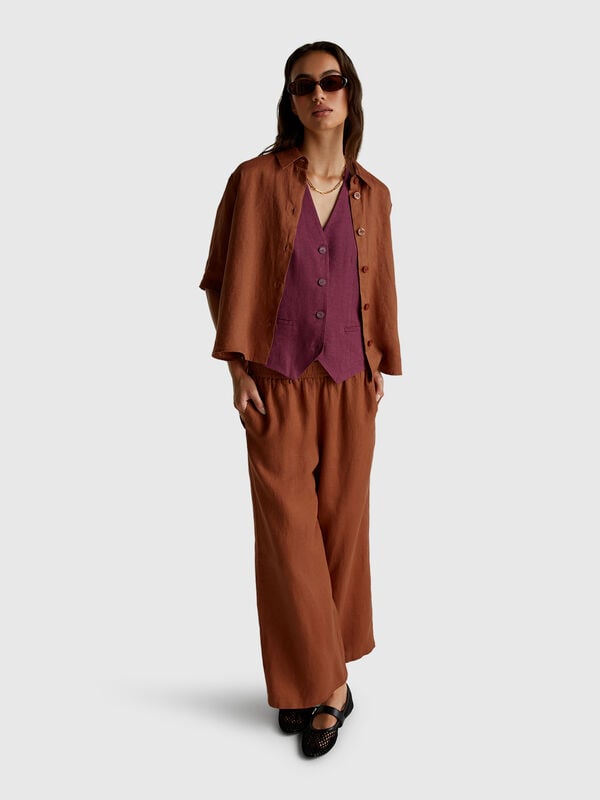 Pantalón ancho de lino puro Mujer