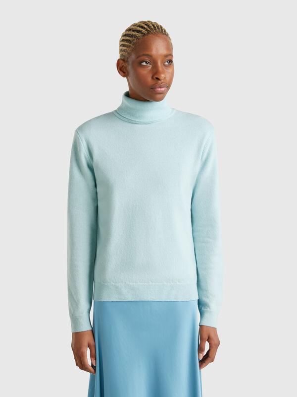 Jersey de cuello cisne turquesa de pura lana merina Mujer