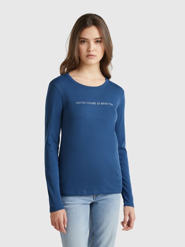 Camiseta azul de manga larga de 100 % algodón Mujer