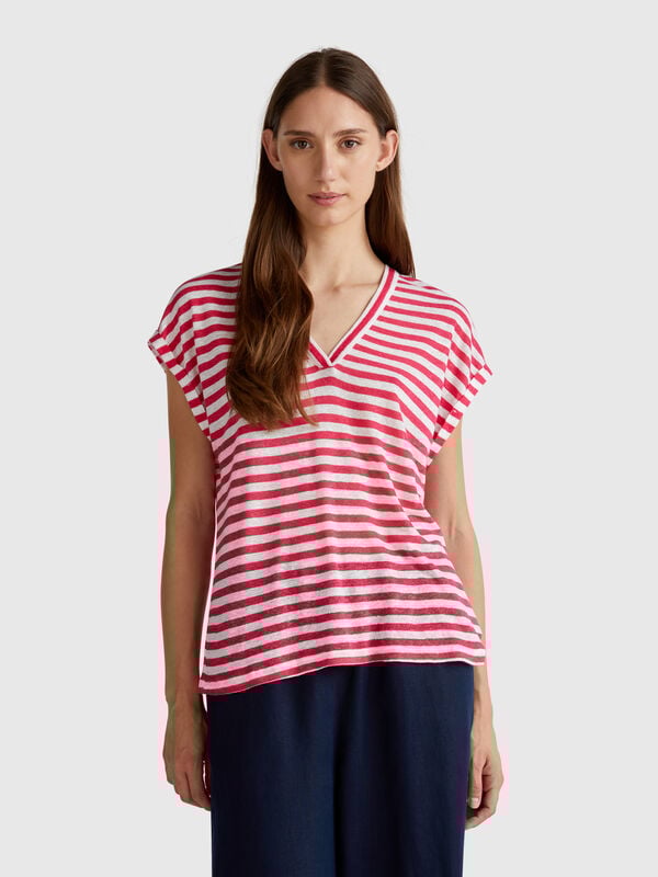 Camiseta mezcla de lino a rayas Mujer