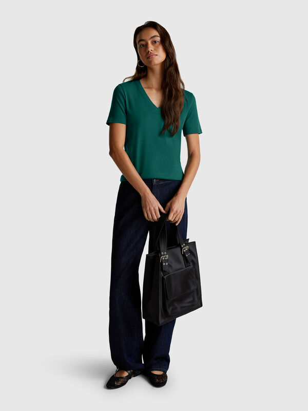 Camiseta de cuello en V de algodón puro Mujer