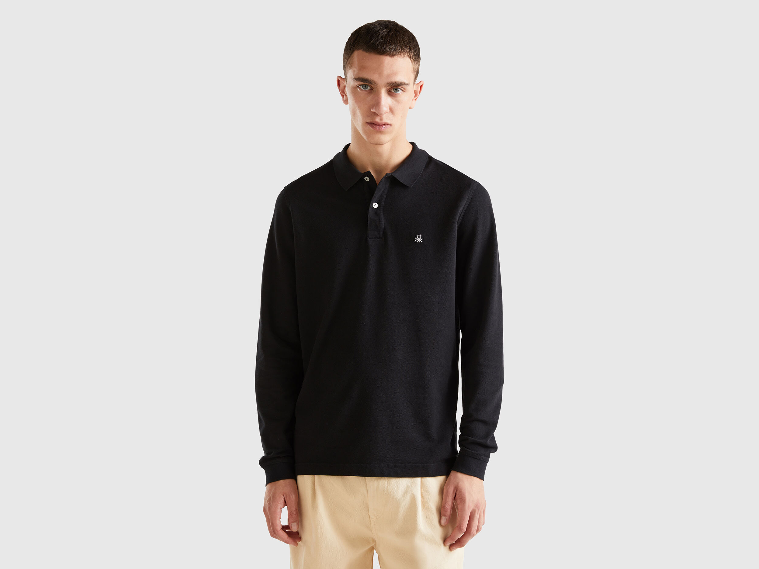 Polo de manga larga de 100 algod n Negro Benetton