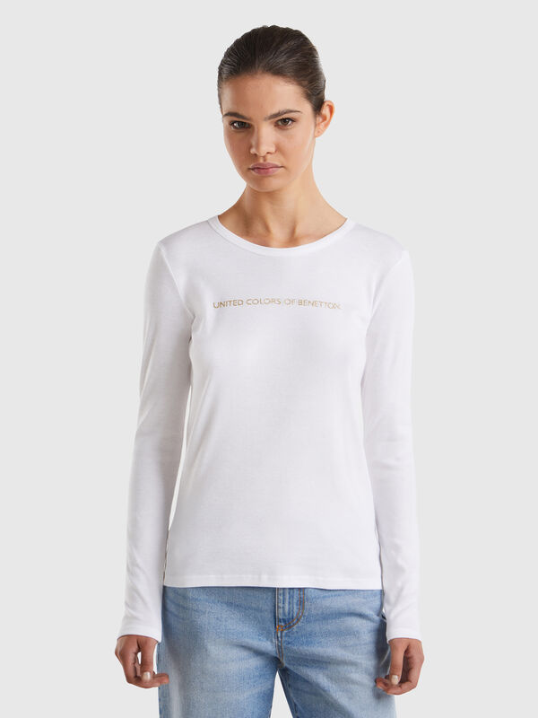 Camiseta blanca de manga larga de 100 % algodón Mujer