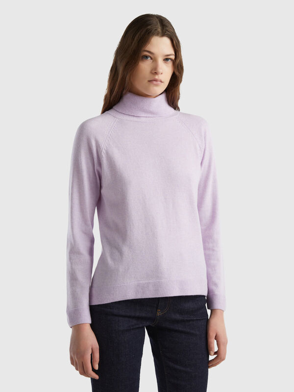 Jersey de cuello cisne lila claro en mezcla de lana y cachemir Mujer