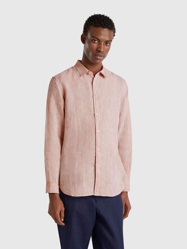 Camisa estampada beige de puro lino Hombre