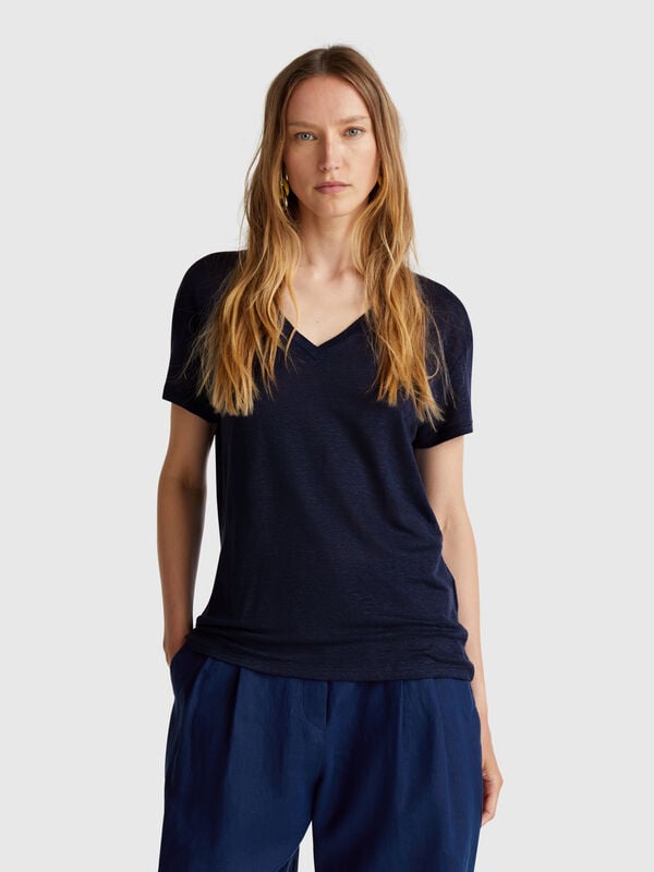 Camiseta con cuello de pico en puro lino Mujer