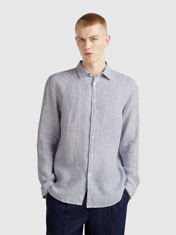 Camisa azul estampada en puro lino Hombre