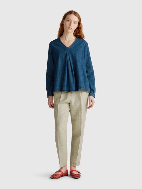 Pantalón mezcla lino cuadros Mujer