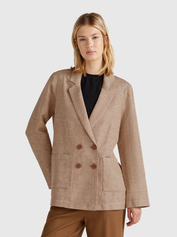 Chaqueta cruzada en mezcla de lino Mujer