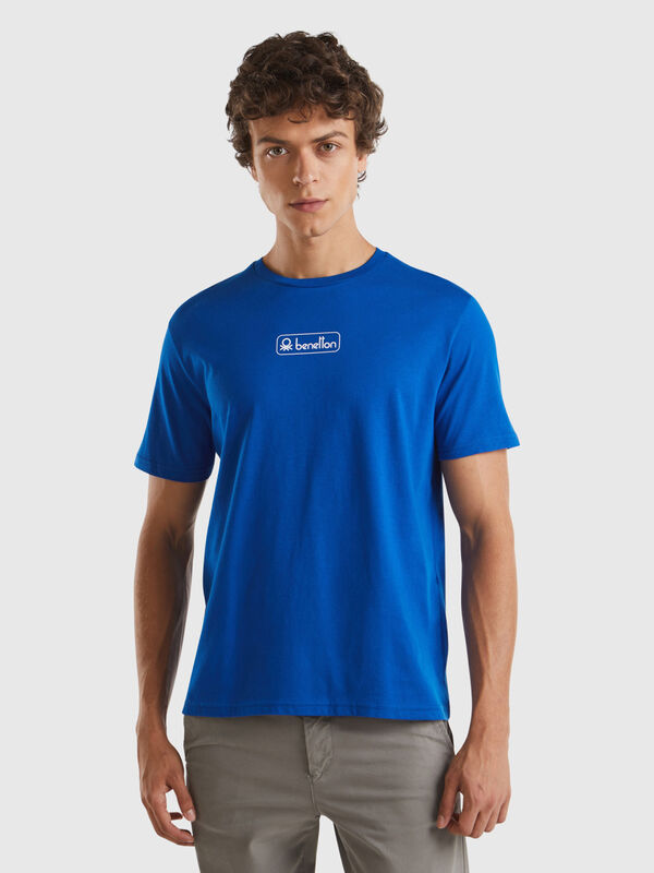 Camiseta azul oscuro de algodón orgánico con logotipo blanco Hombre
