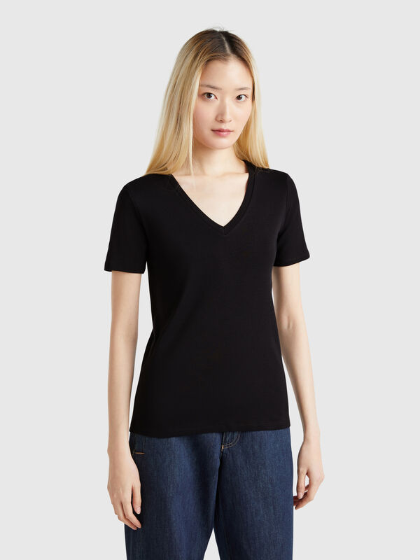 Camiseta de algodón puro con escote de pico Mujer
