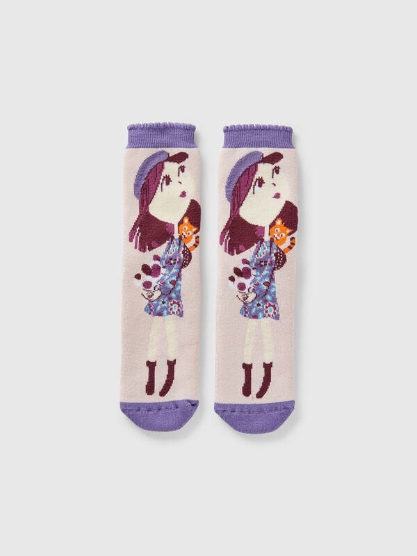 Calcetines antideslizantes rosas con incrustación de muñecos Niño