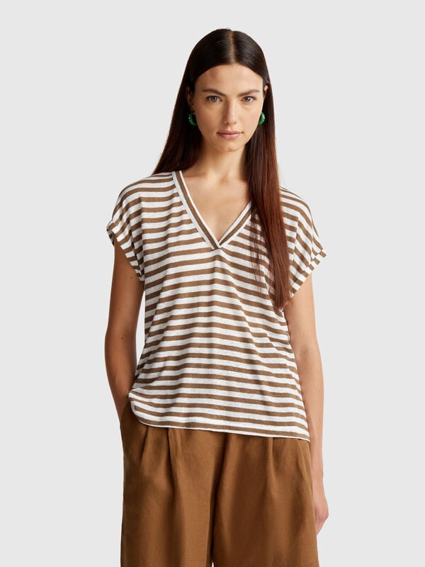 Camiseta mezcla de lino a rayas Mujer
