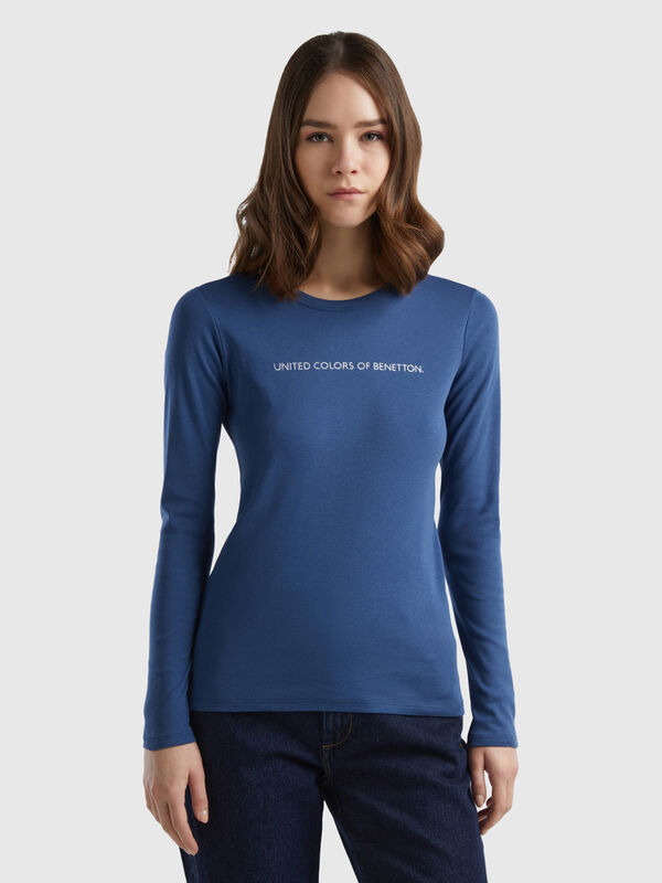 Camiseta de manga larga de 100 % algodón azul Mujer