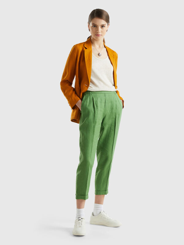 Pantalón cropped de 100% lino Mujer