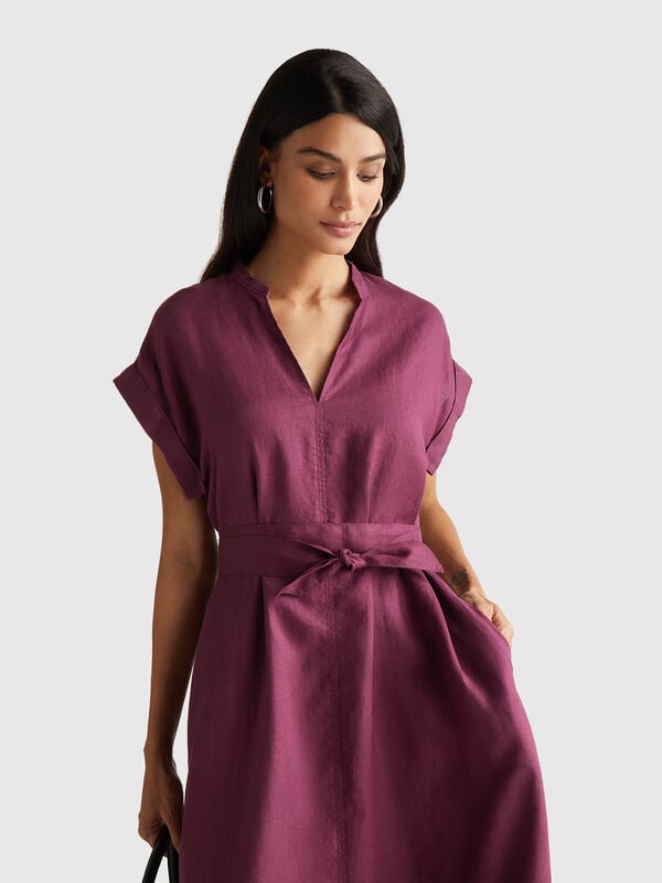Vestido 100% lino con fajín Mujer