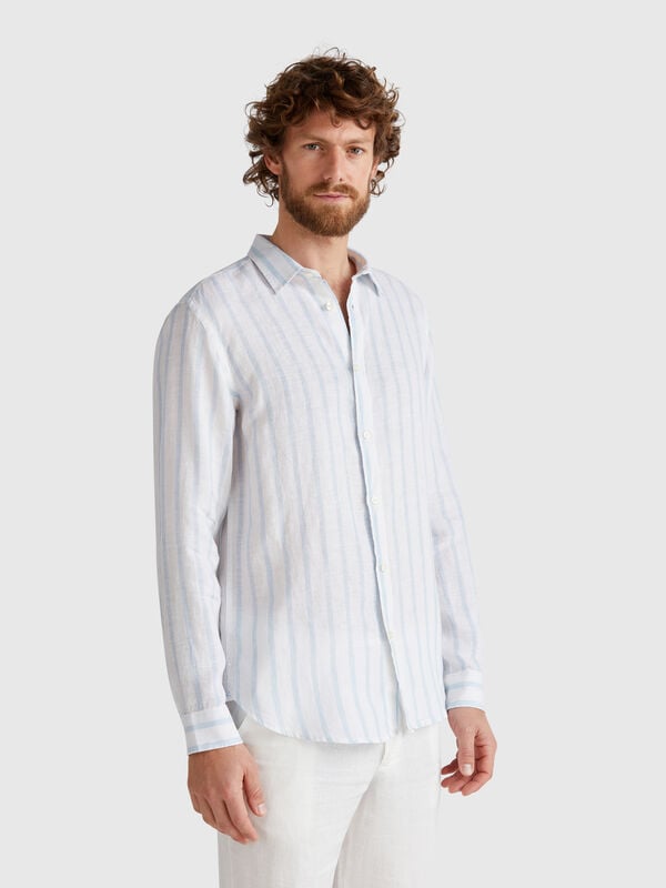 Camisa de rayas celestes y blancas en puro lino Hombre
