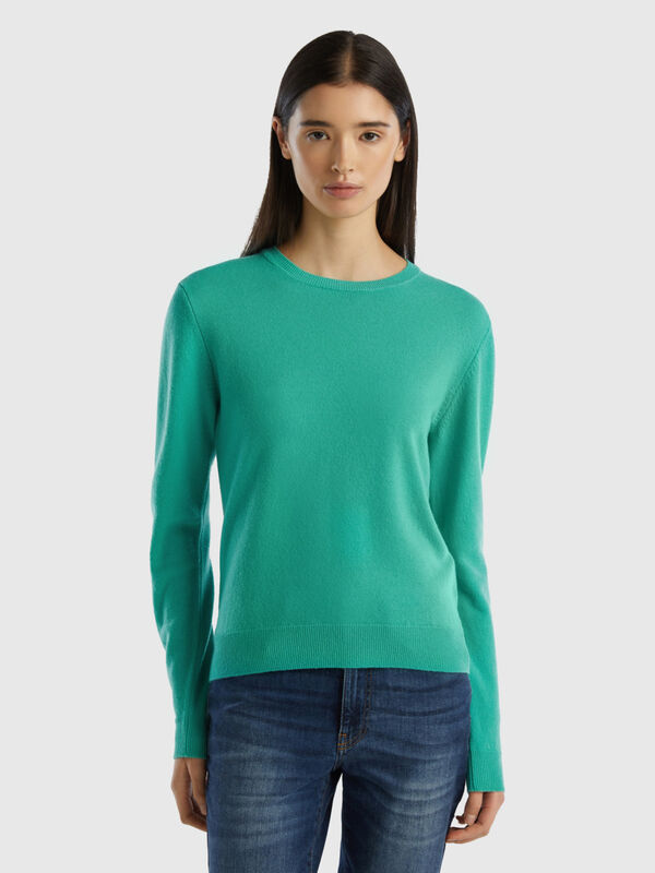 Jersey de cuello redondo verde claro de lana merina Mujer