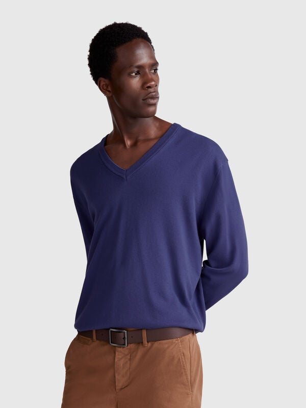 Jersey de puro algodón con cuello de pico Hombre