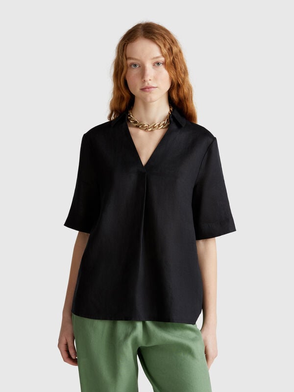 Blusa de manga corta en puro lino Mujer