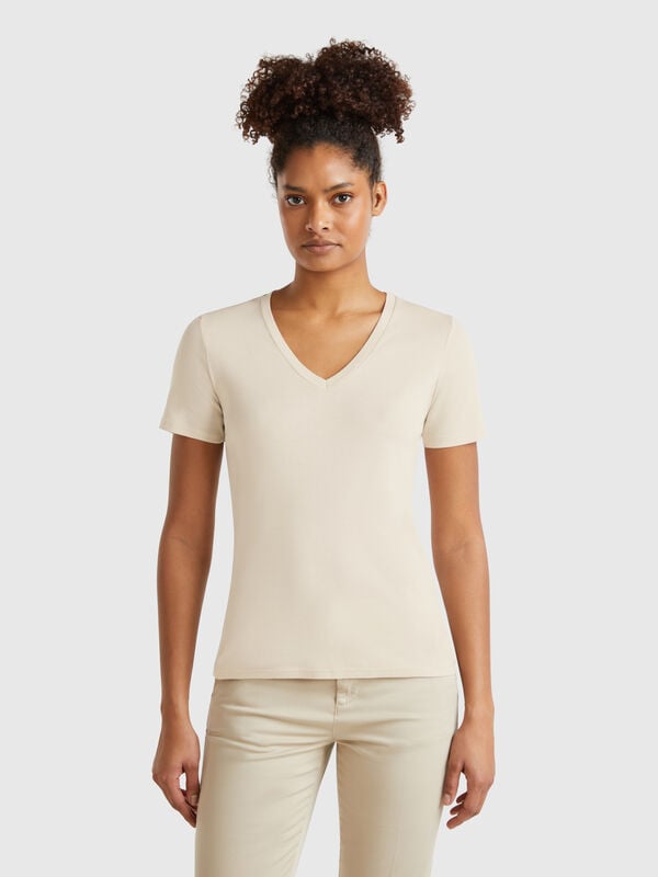 Camiseta de algodón puro con escote de pico Mujer