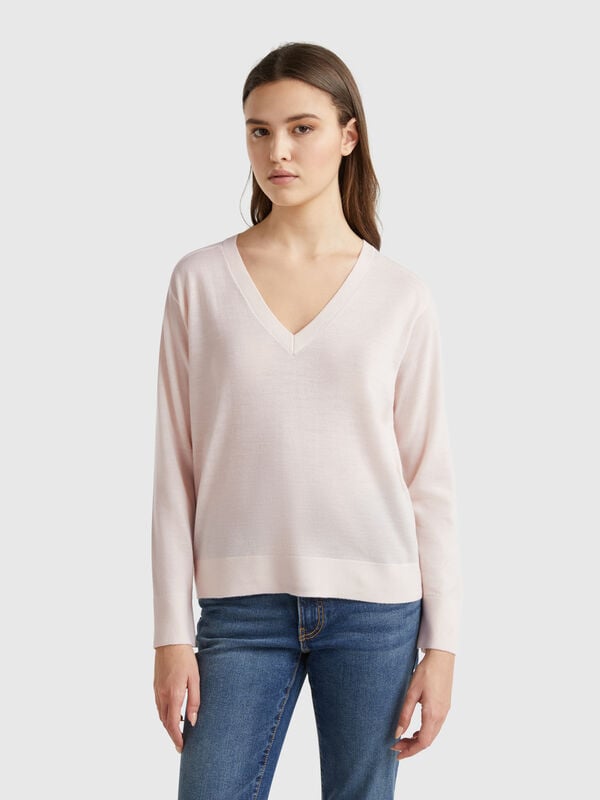 Jersey con cuello de pico en pura lana Merino Mujer