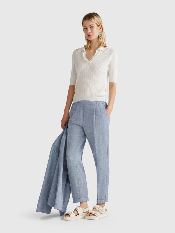 Pantalón mezcla lino cuadros Mujer