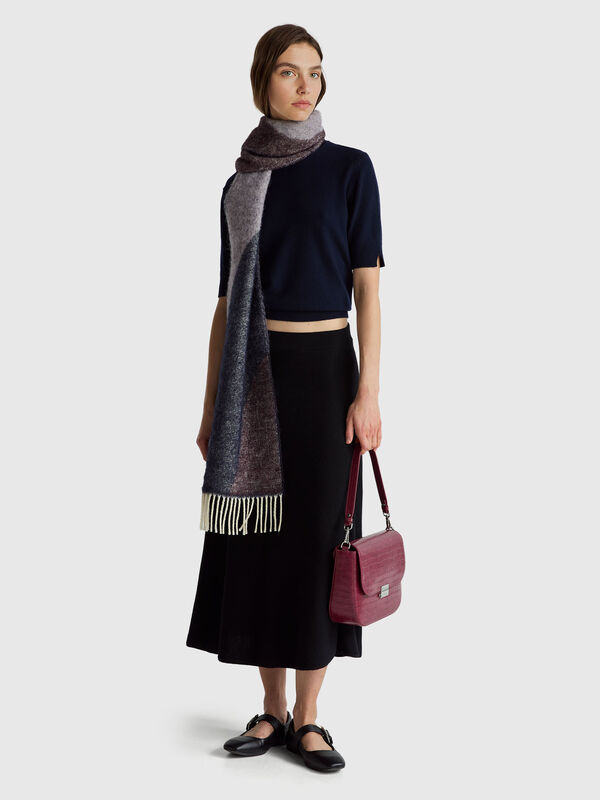 Su&eacute;ter azul oscuro de manga corta en pura lana merino Mujer