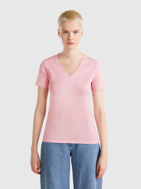 Camiseta rosa de algodón puro con escote de pico Mujer