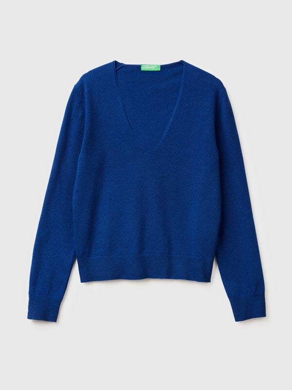 Suéter azul de cuello en V en pura lana merino Suéter azul de cuello en V en pura lana merino Mujer