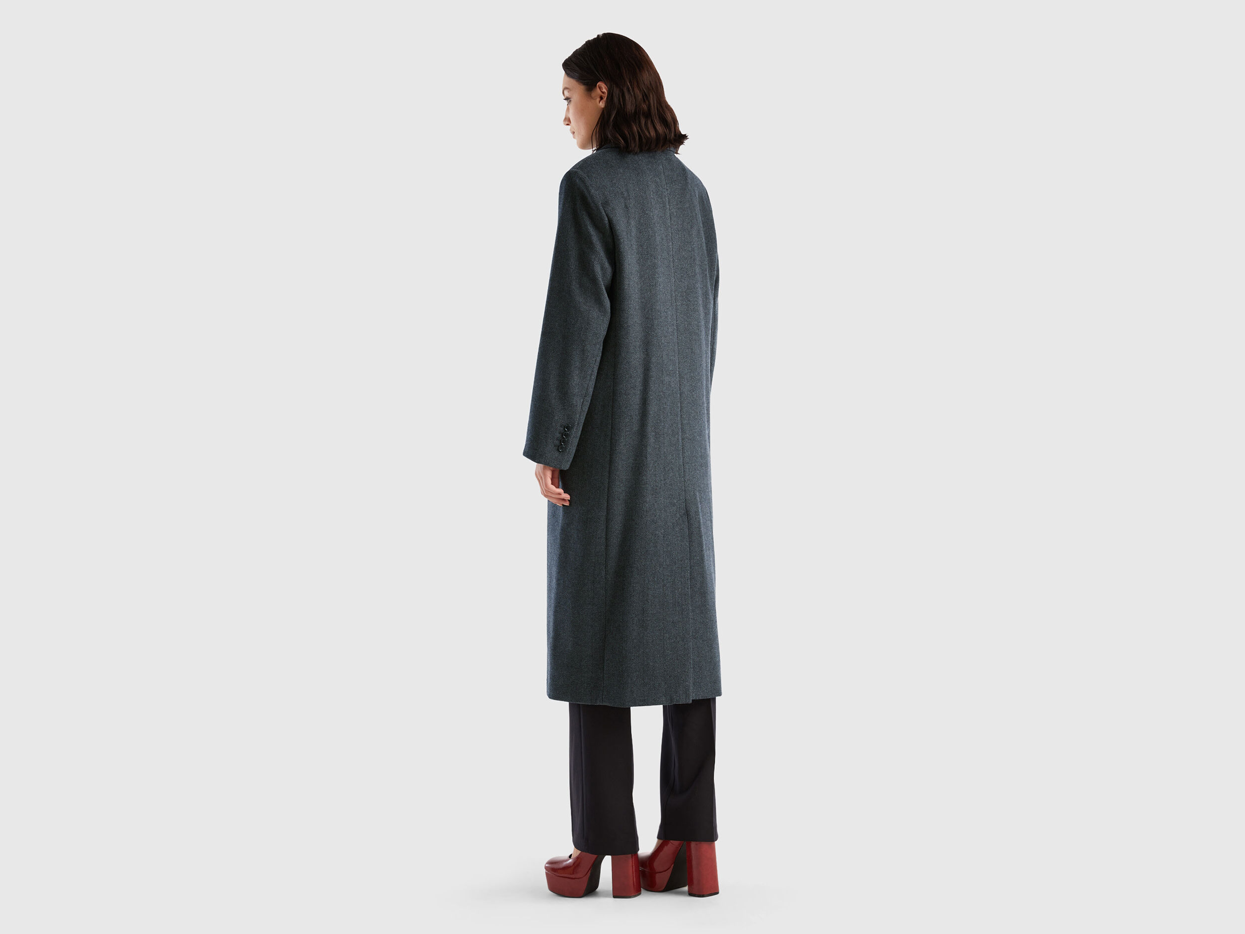 Abrigo largo cruzado Gris Oscuro Benetton