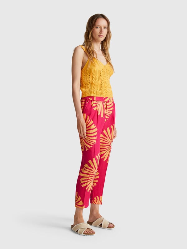 Pantalón lino estampado Mujer