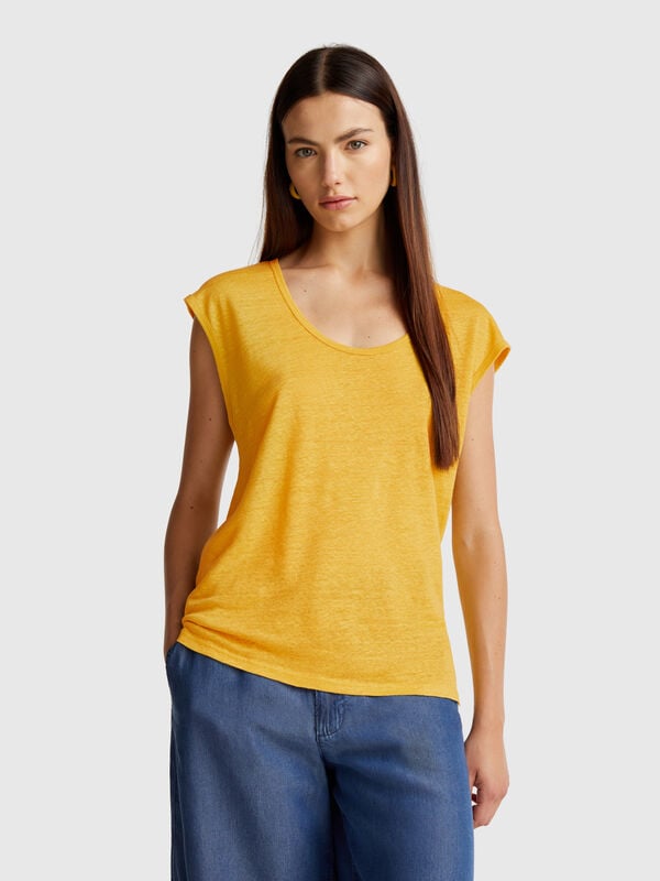 Camiseta de cuello ancho en puro lino Mujer