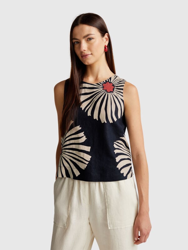 Top estampado de puro lino Mujer