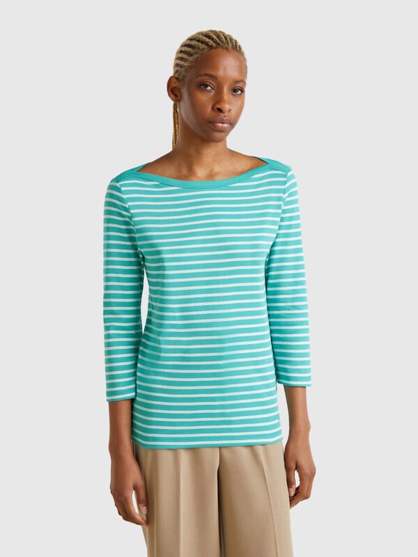 Camiseta de rayas de manga 3/4 de puro algodón Mujer