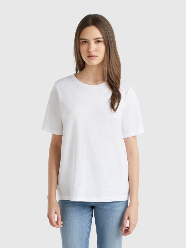 Camiseta de cuello redondo de algodón flameado Mujer