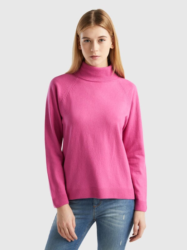Jersey de cuello alto rosa en mezcla de lana y cachemir Mujer