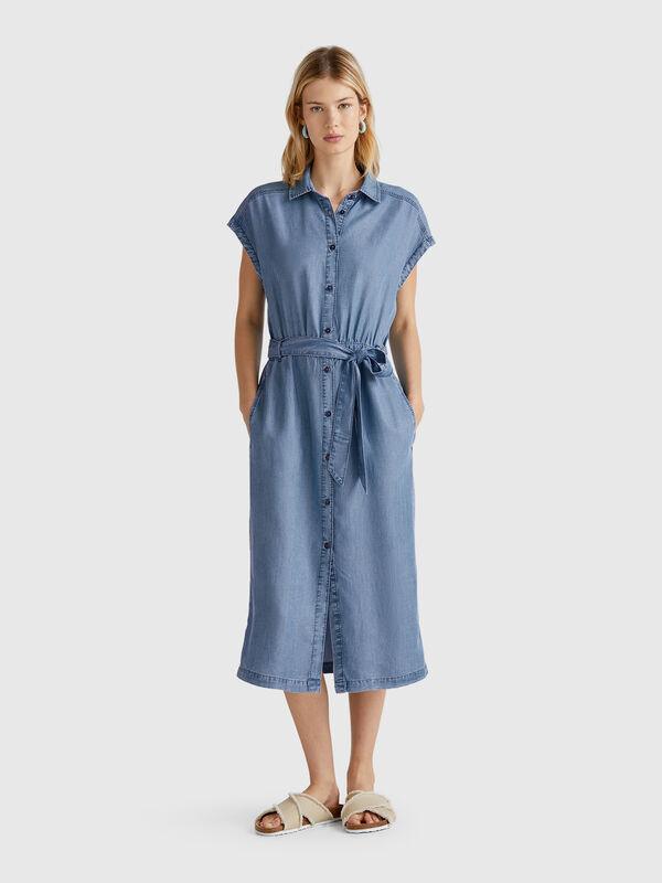 Vestido camisero de cambray con fajín Mujer