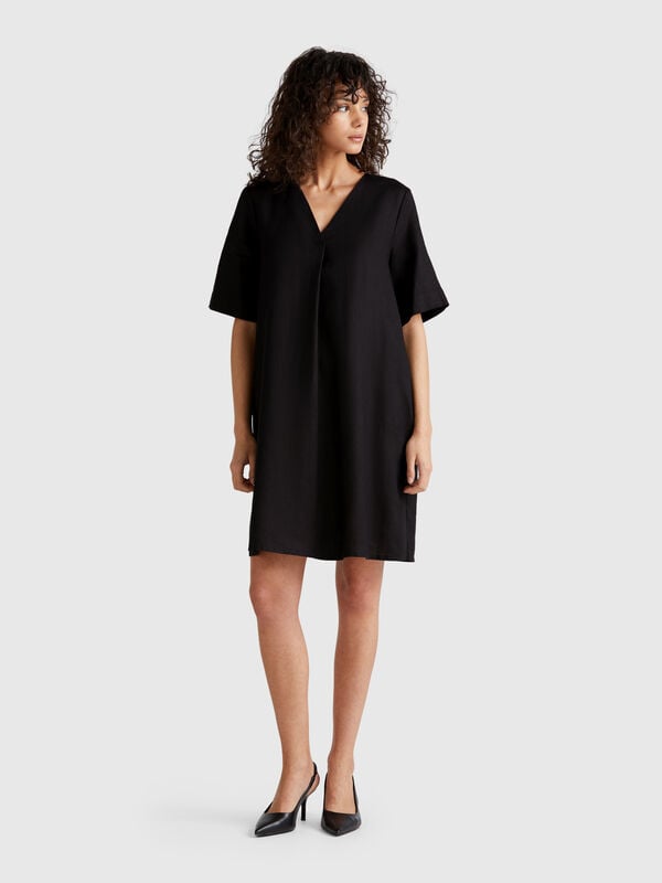 Vestido de manga corta en puro lino Mujer