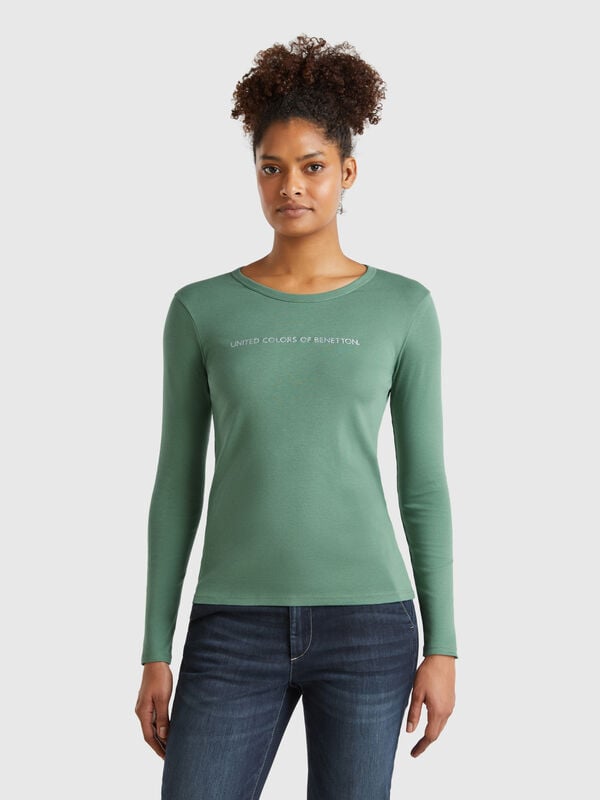 Camiseta verde bosque de manga larga de 100 % algodón Mujer