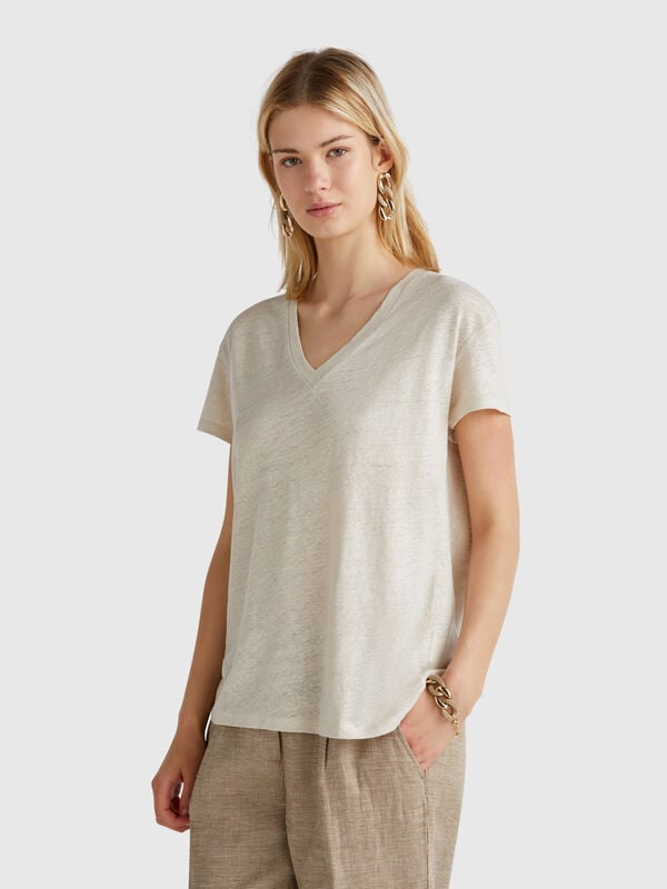 Camiseta con cuello de pico en puro lino Mujer