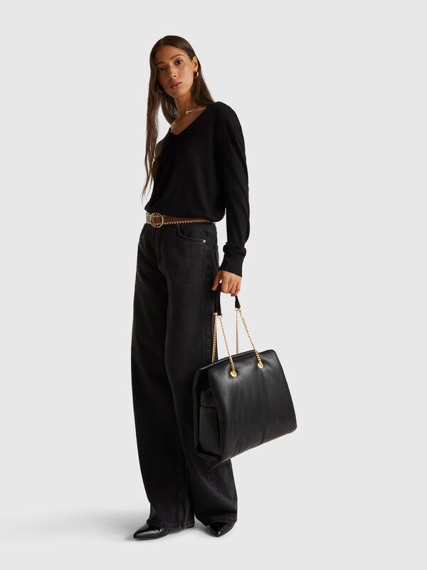 Suéter de cuello en V en mezcla de seda Mujer