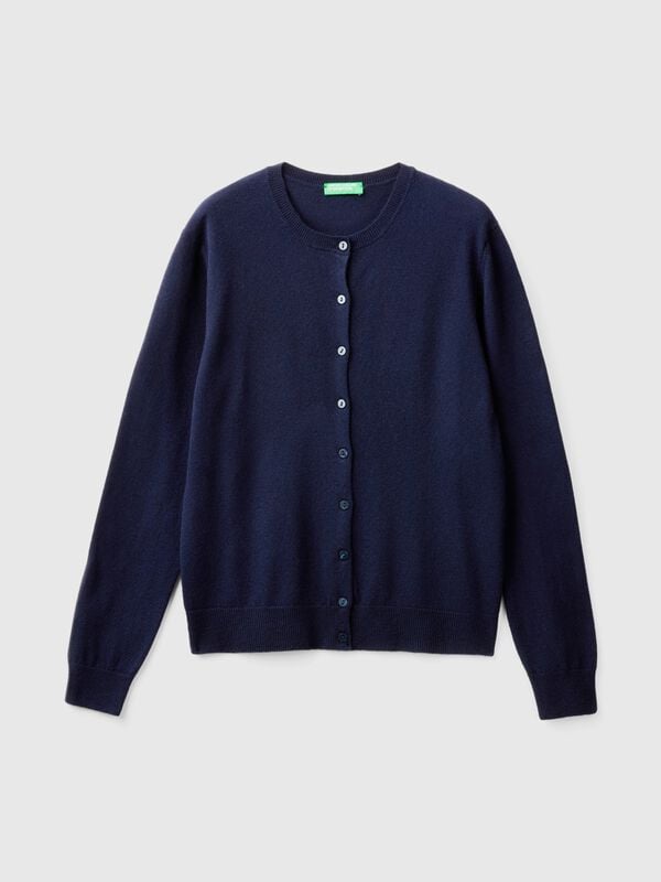 Cárdigan de cuello redondo azul oscuro en pura lana merino Cárdigan de cuello redondo azul oscuro en pura lana merino Mujer