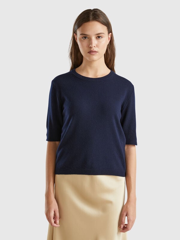 Suéter azul oscuro de manga corta en pura lana merino Mujer