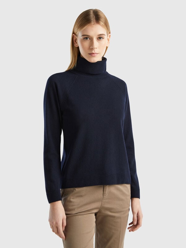 Jersey de cuello cisne azul noche en mezcla de lana y cachemir Mujer