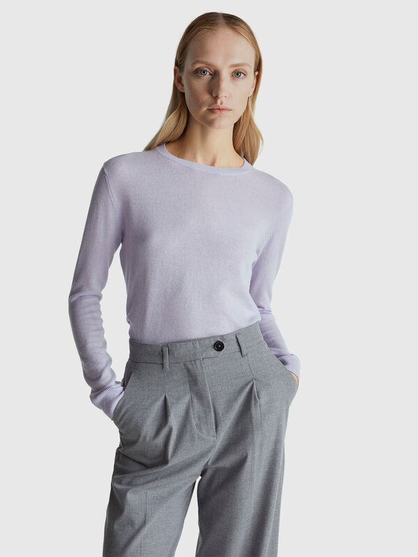 Suéter lila de cuello redondo en lana merino Mujer