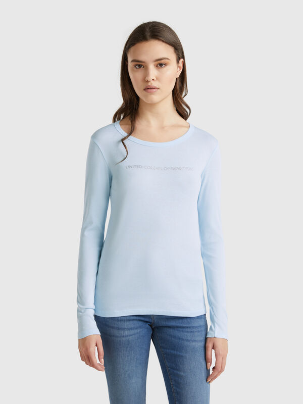 Camiseta celeste de manga larga de 100 % algodón Mujer