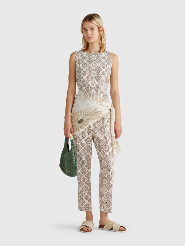 Pantalón lino estampado Mujer