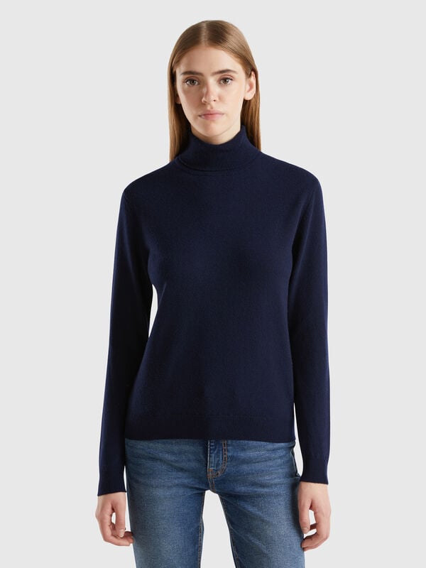 Jersey de cuello cisne azul oscuro de pura lana Merina Mujer