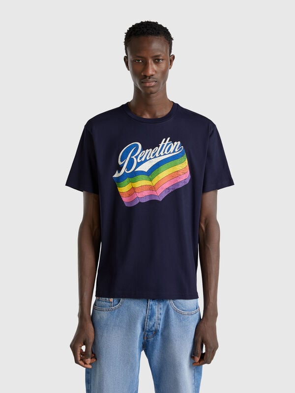 Camiseta azul oscuro de algodón con logo multicolor Hombre